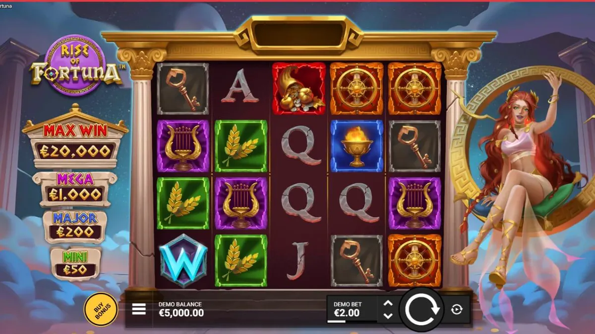 Interface do jogo Rise of Fortuna com a deusa Fortuna e colunas romanas